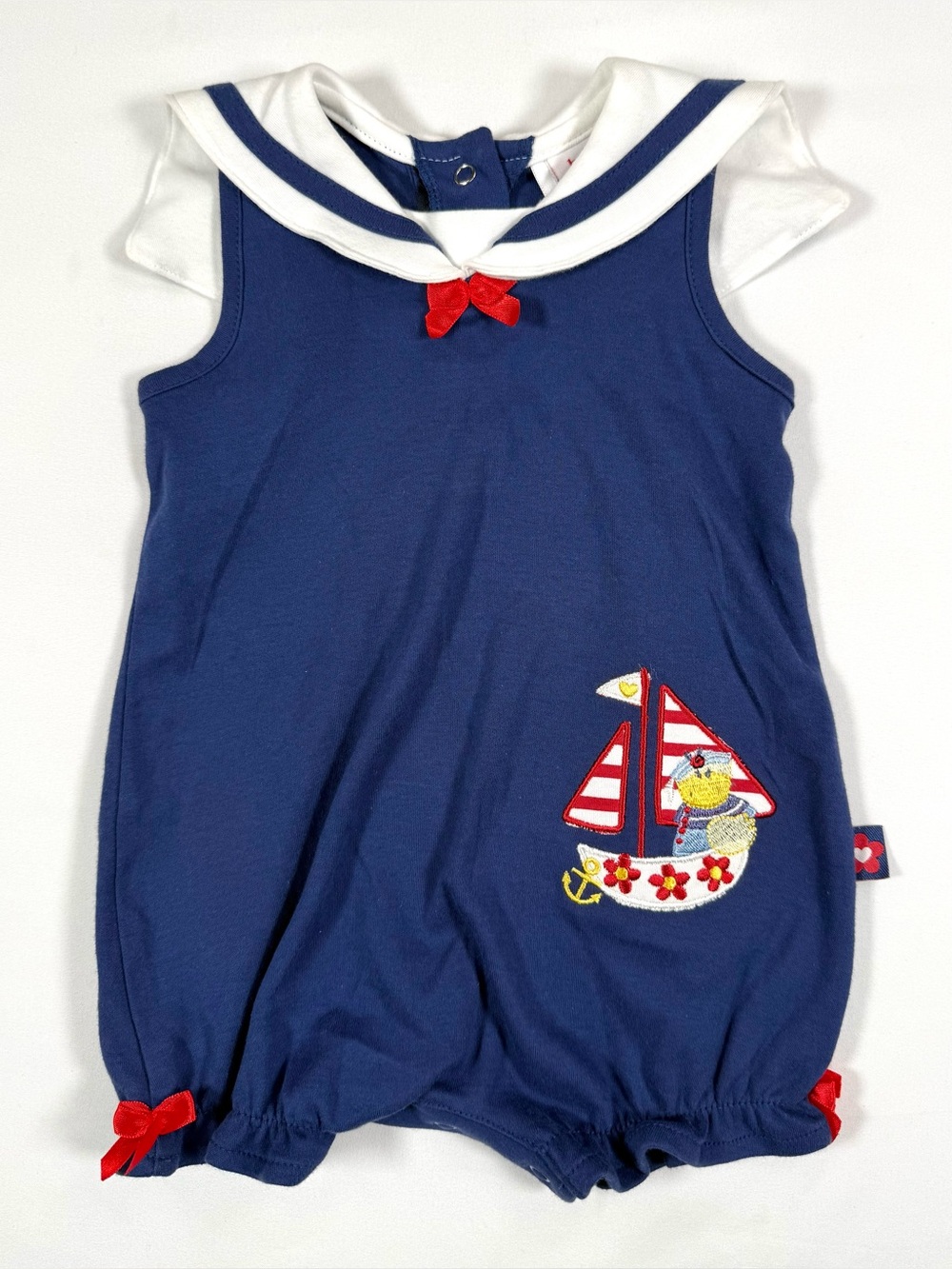 BABY OKIEDOKIE Girls Y2K Sailor Duck Bubble Romper 3-6M Sailboat Nautical